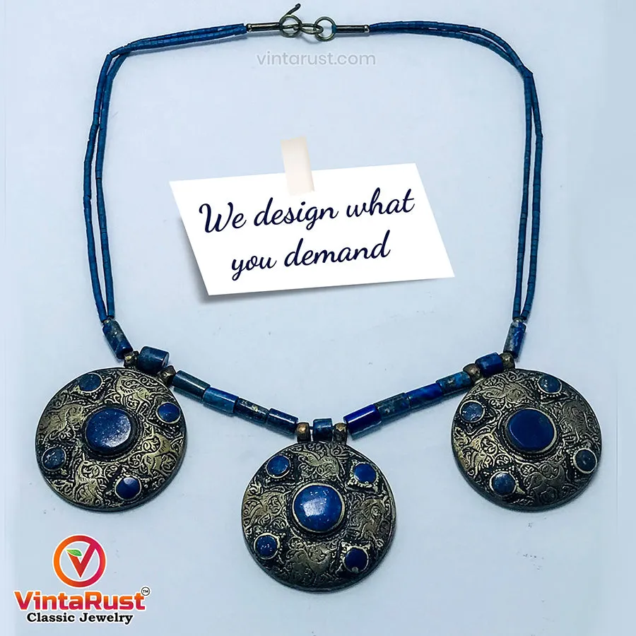 Lapis Lazuli Stone Beaded Necklace With Three Motifs,