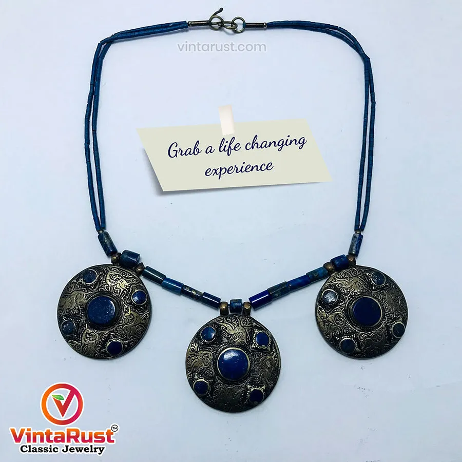 Lapis Lazuli Stone Beaded Necklace With Three Motifs,