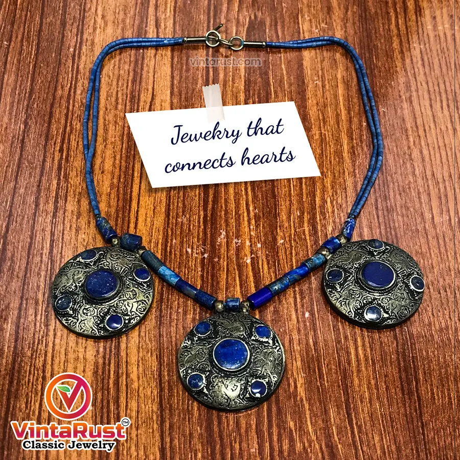 Lapis Lazuli Stone Beaded Necklace With Three Motifs,