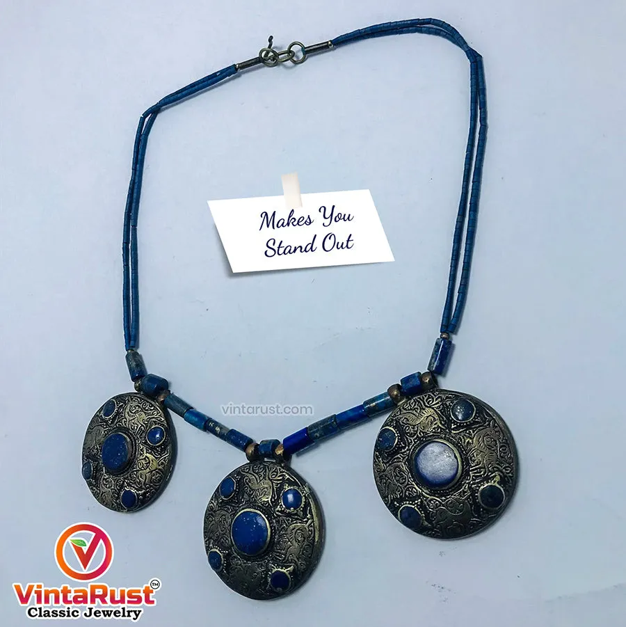Lapis Lazuli Stone Beaded Necklace With Three Motifs,