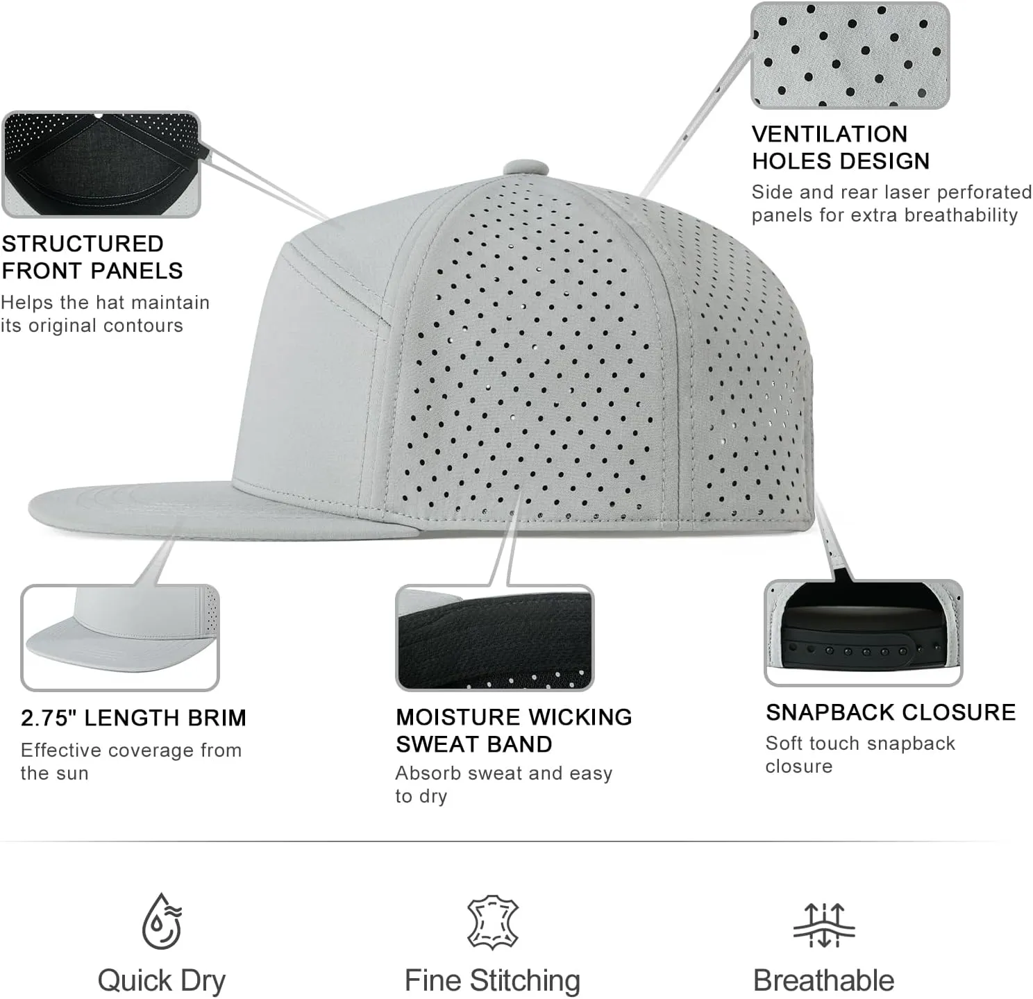 Men Flat Brim Adjustable Performance Hat Snapback Laser Perforated Baseball Cap
