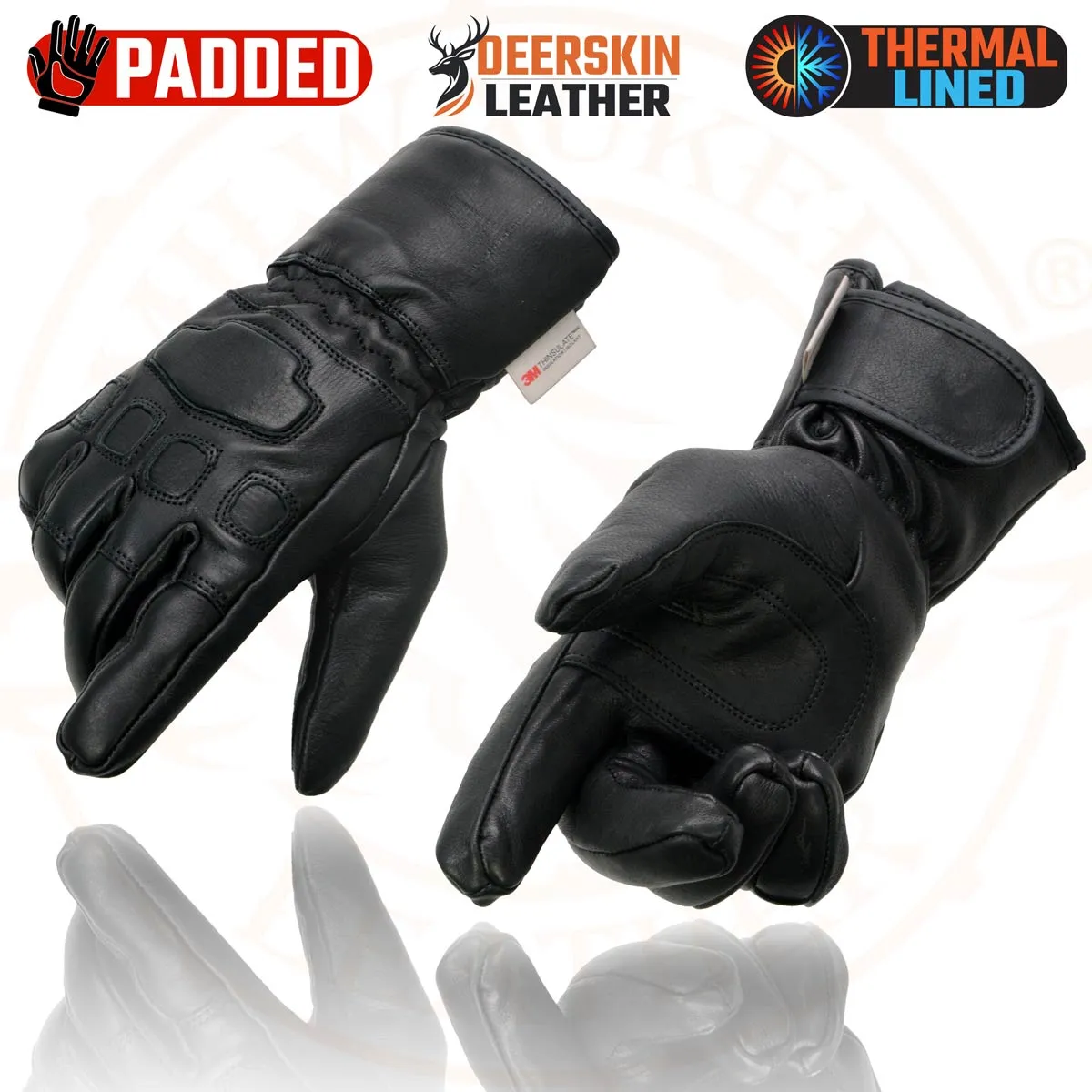 Milwaukee Leather MG7534 Men's Black Deerskin Gauntlet Motorcycle Gloves w/ Wrist Strap & Cinch Closure