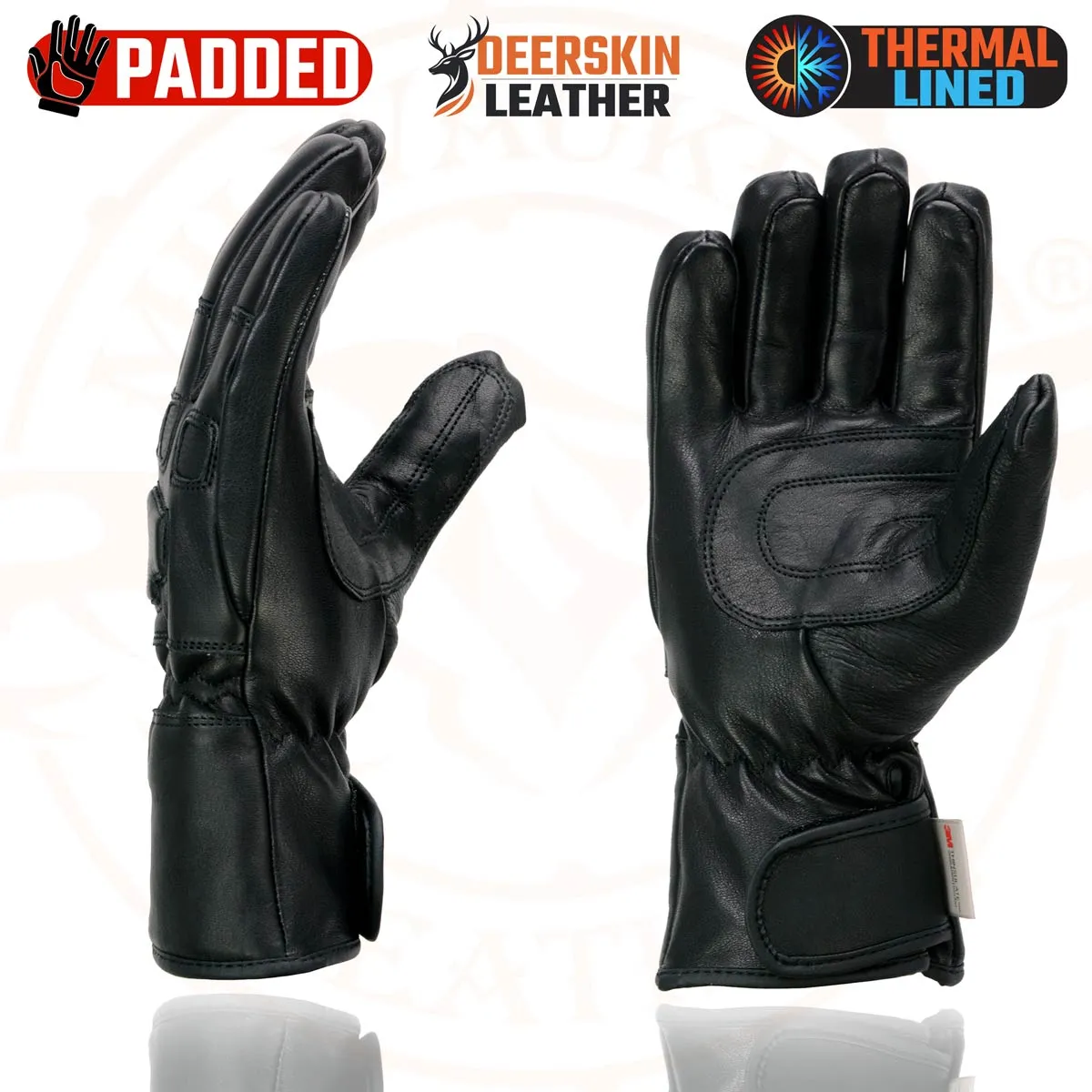 Milwaukee Leather MG7534 Men's Black Deerskin Gauntlet Motorcycle Gloves w/ Wrist Strap & Cinch Closure