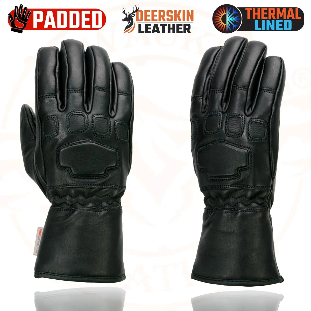 Milwaukee Leather MG7534 Men's Black Deerskin Gauntlet Motorcycle Gloves w/ Wrist Strap & Cinch Closure