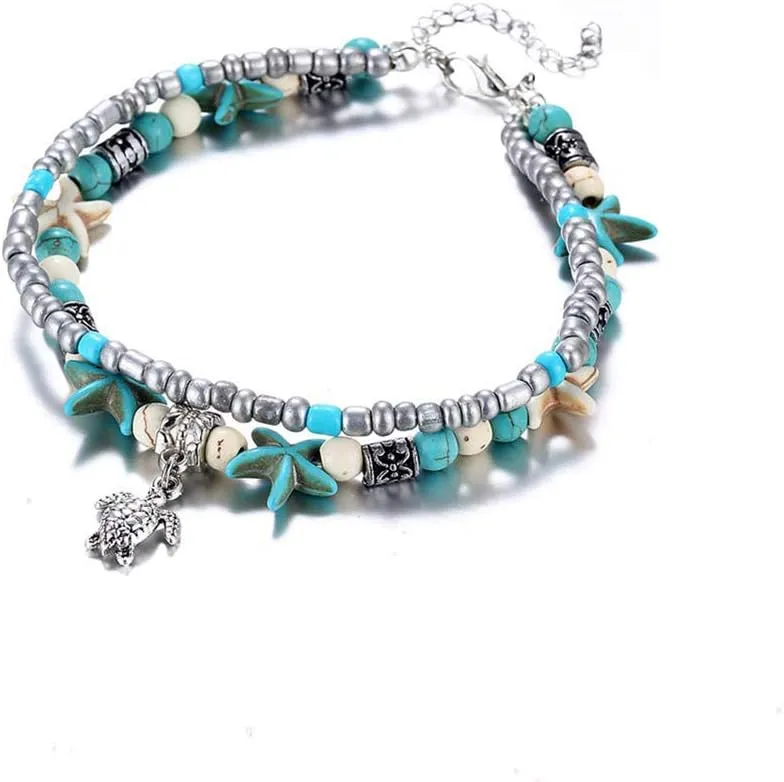 SEVENSTONE Handmade Starfish Turtle Anklet Beads Sea Boho Pearl Charm Anklets Foot Jewelry for Women