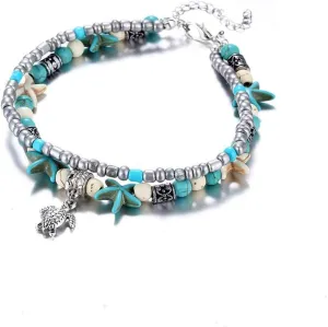SEVENSTONE Handmade Starfish Turtle Anklet Beads Sea Boho Pearl Charm Anklets Foot Jewelry for Women