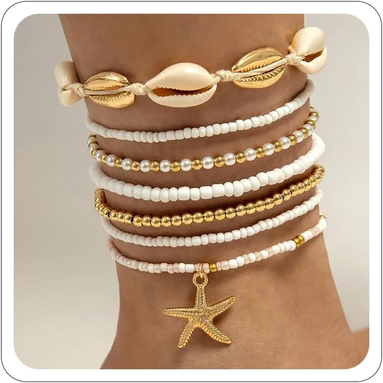 Shell Anklets Bracelet for Women Waterproof Surfer Starfish Bracelet Puka Shell Anklet Colorful Boho Stack Stretch Bead Bracelet Set Hawaii Summer Beach Vacation Foot Jewelry