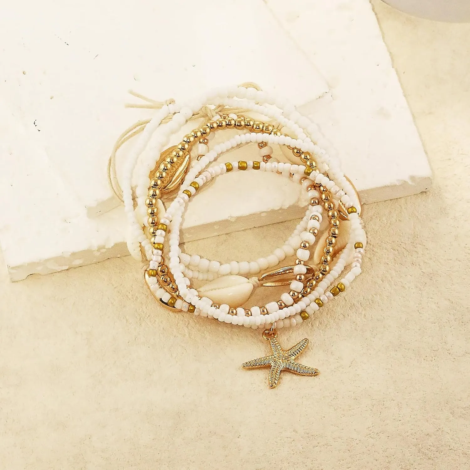 Shell Anklets Bracelet for Women Waterproof Surfer Starfish Bracelet Puka Shell Anklet Colorful Boho Stack Stretch Bead Bracelet Set Hawaii Summer Beach Vacation Foot Jewelry