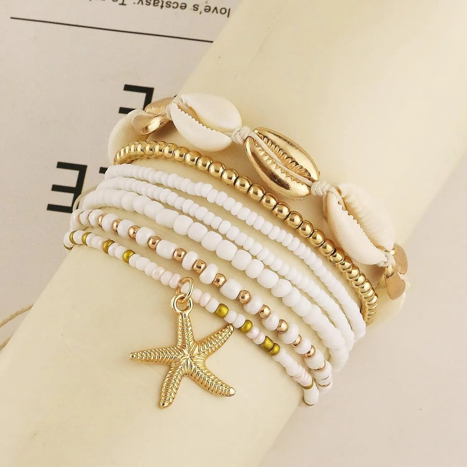 Shell Anklets Bracelet for Women Waterproof Surfer Starfish Bracelet Puka Shell Anklet Colorful Boho Stack Stretch Bead Bracelet Set Hawaii Summer Beach Vacation Foot Jewelry