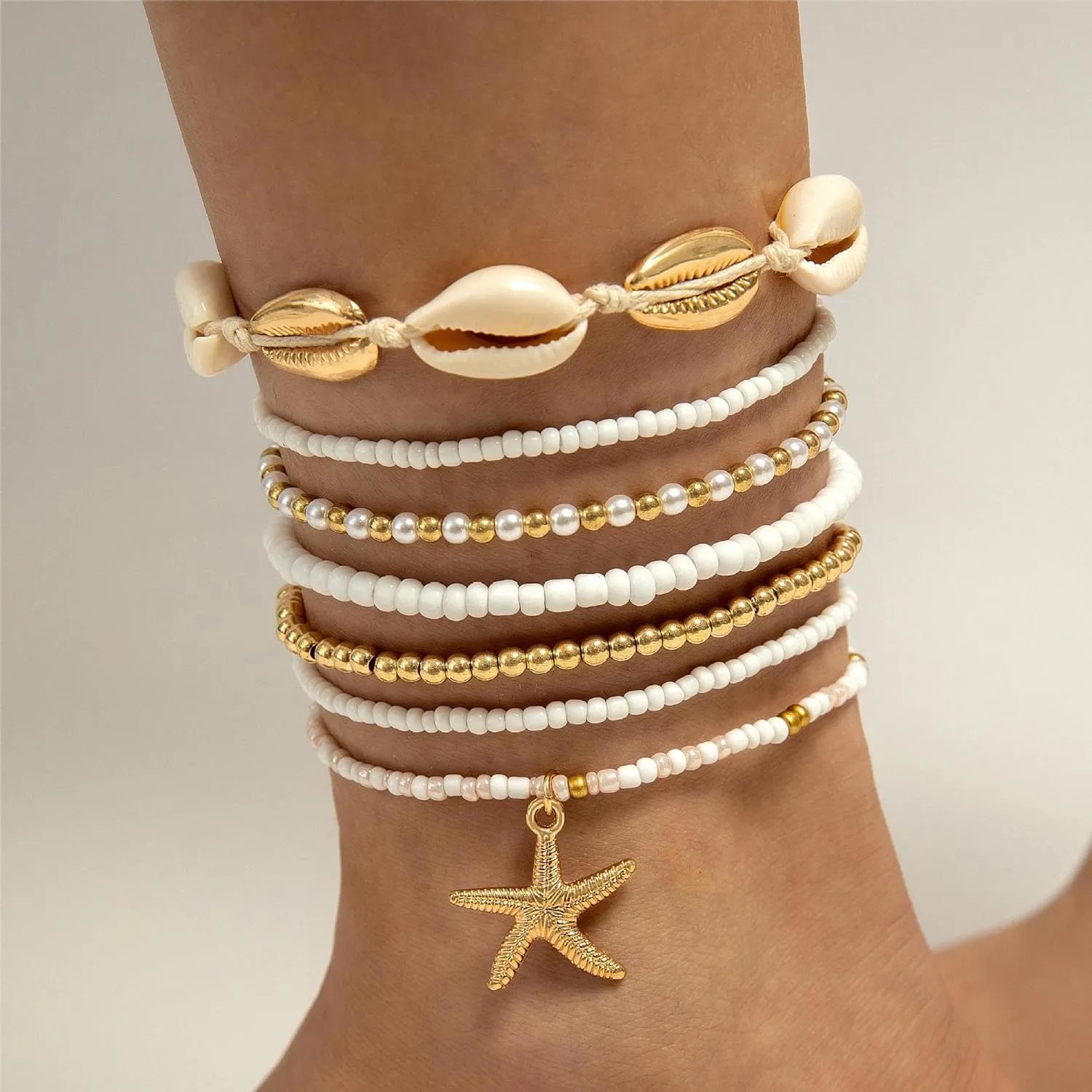 Shell Anklets Bracelet for Women Waterproof Surfer Starfish Bracelet Puka Shell Anklet Colorful Boho Stack Stretch Bead Bracelet Set Hawaii Summer Beach Vacation Foot Jewelry