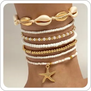 Shell Anklets Bracelet for Women Waterproof Surfer Starfish Bracelet Puka Shell Anklet Colorful Boho Stack Stretch Bead Bracelet Set Hawaii Summer Beach Vacation Foot Jewelry