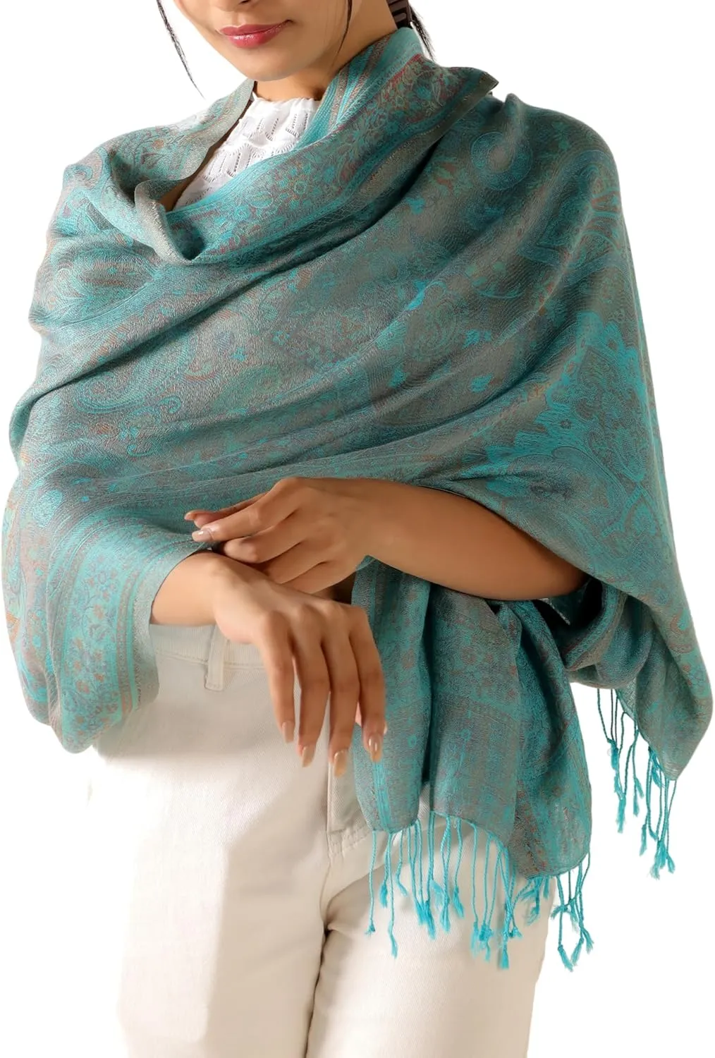 Soft Silky Cashmere Pashmina Scarf Lightweight Ethnic Paisley Winter Travel Wrap Shawl for Evening Dresses - 77" x 28"