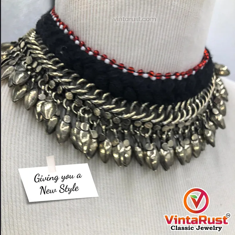 Tribal Choker Necklace with Silver Metal Heart Beads