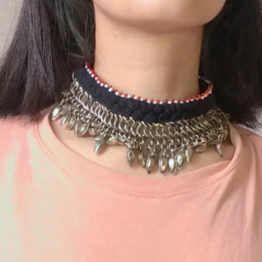 Tribal Choker Necklace with Silver Metal Heart Beads