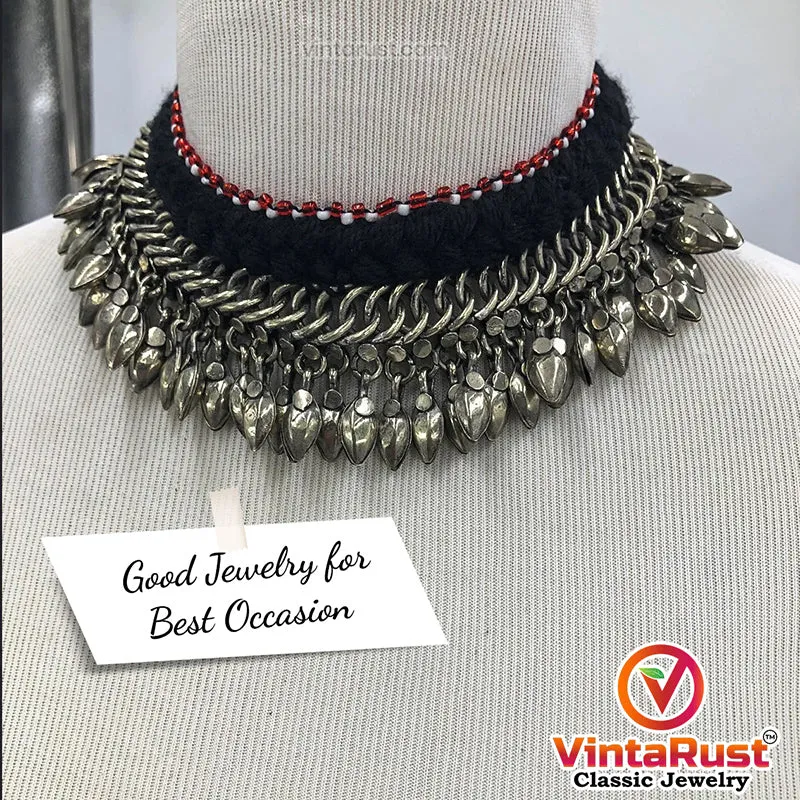 Tribal Choker Necklace with Silver Metal Heart Beads