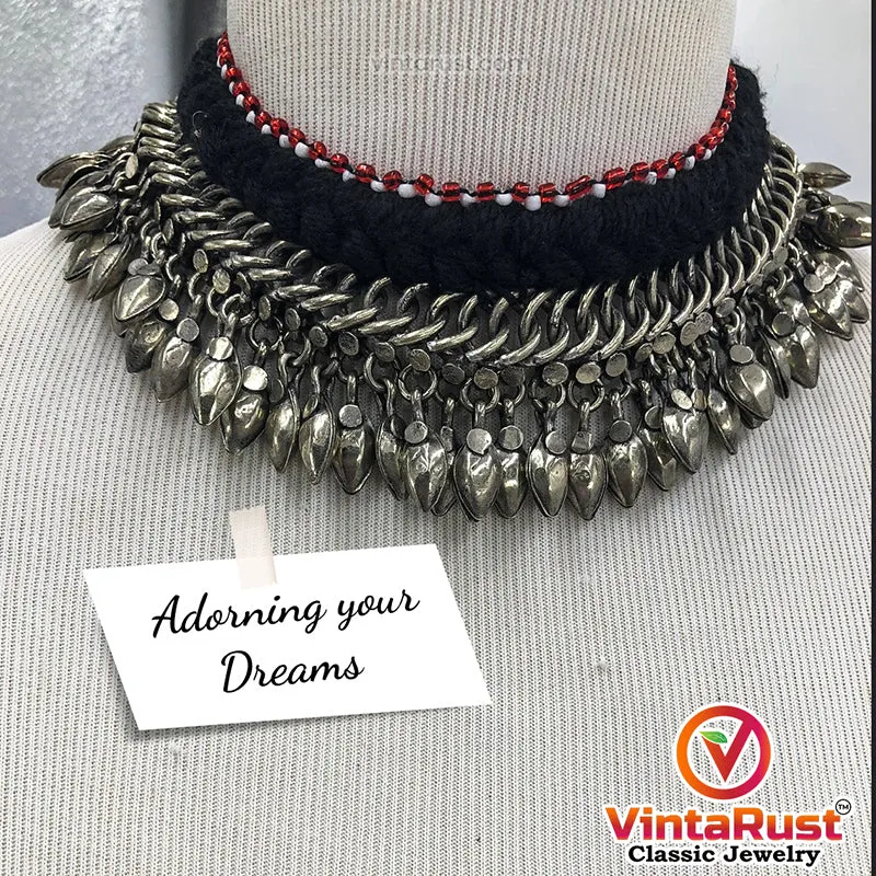 Tribal Choker Necklace with Silver Metal Heart Beads