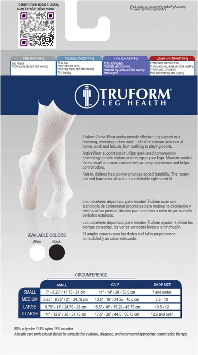Truform Compression Socks, 15-20 mmHg, Men's Dress Socks, Knee High Over Calf Length, Black, Large