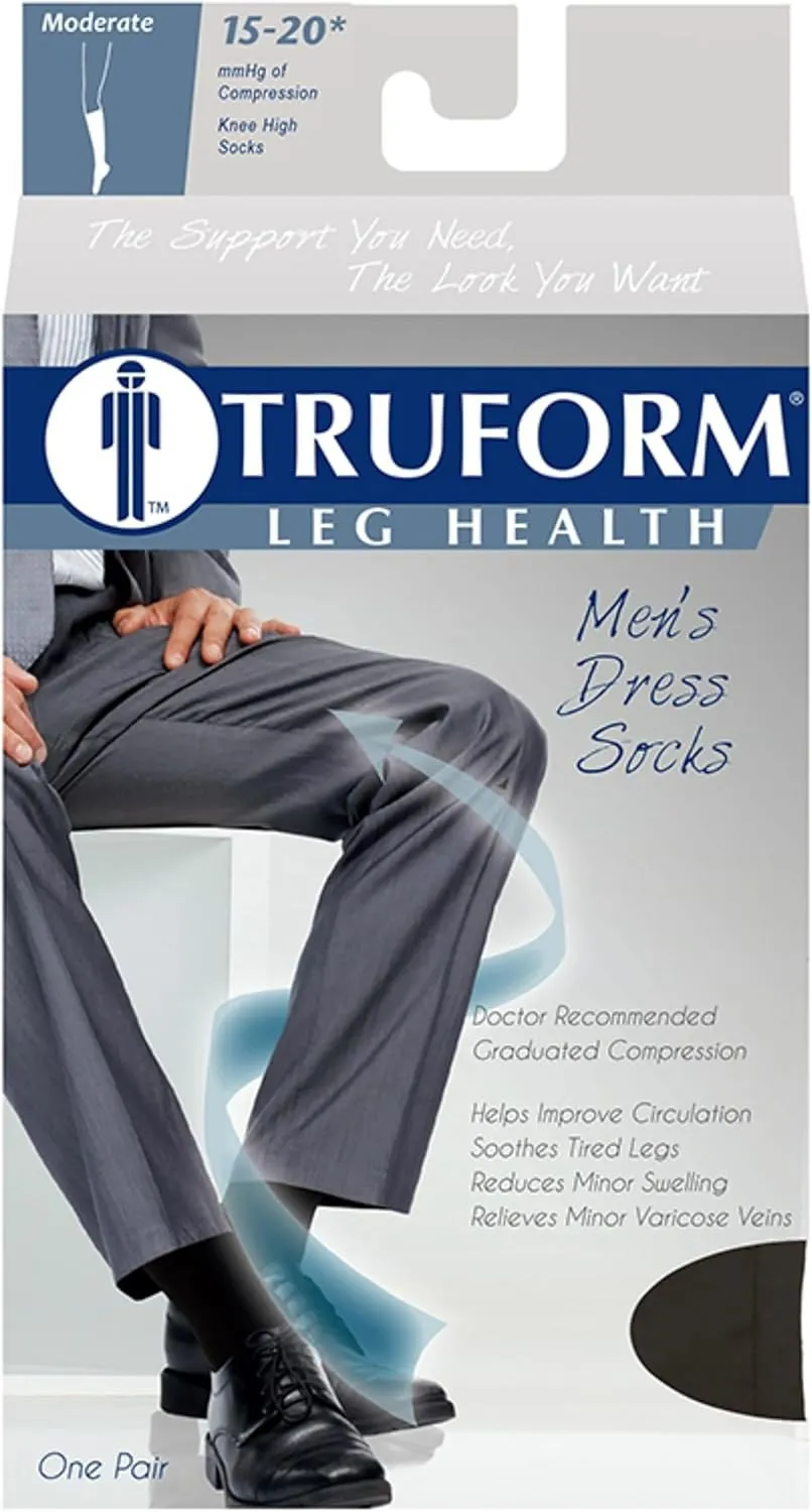 Truform Compression Socks, 15-20 mmHg, Men's Dress Socks, Knee High Over Calf Length, Black, Large