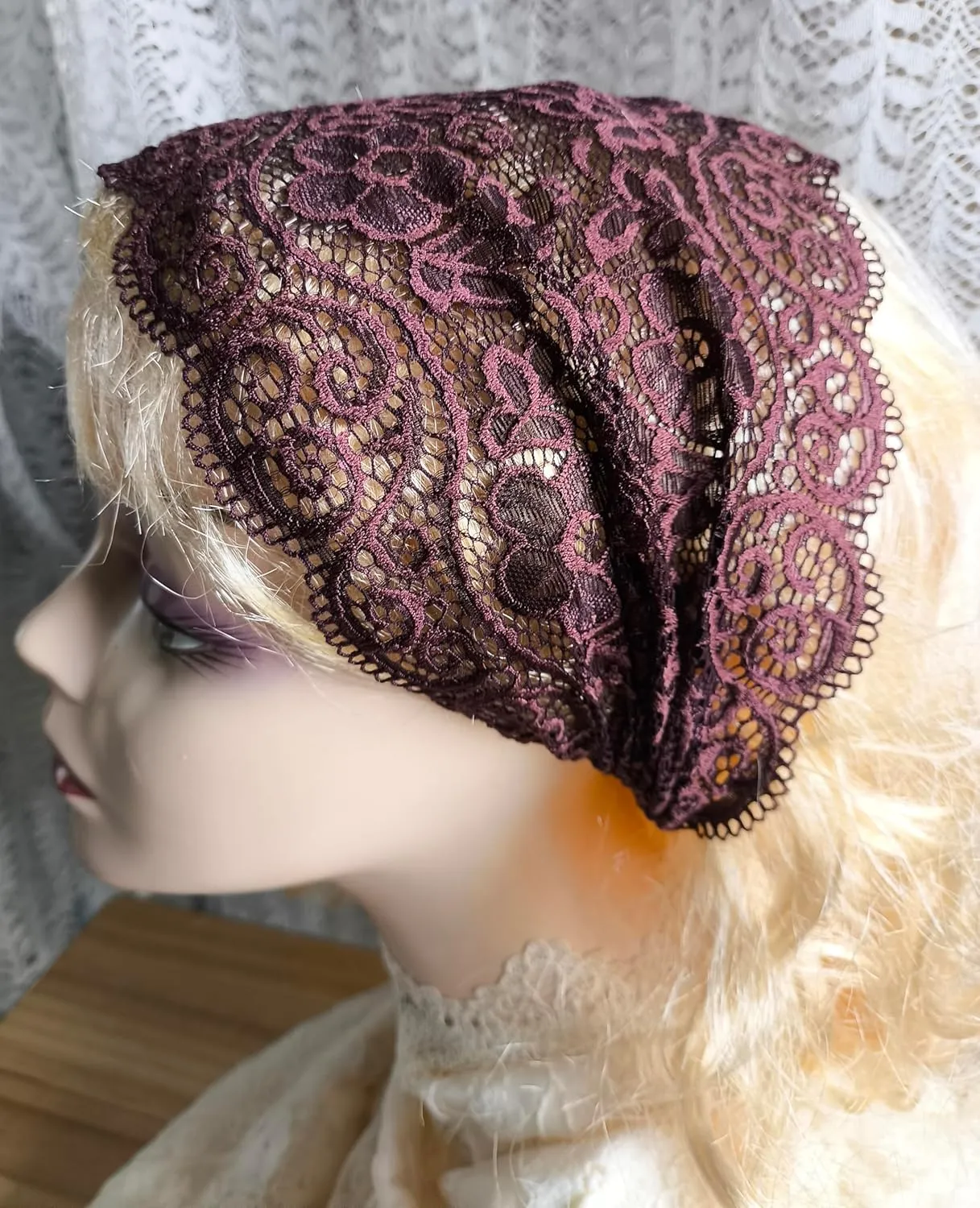 Women's Stretch Lace Headbands - Wide Turban Headbands for Yoga, Headwraps (Brown)