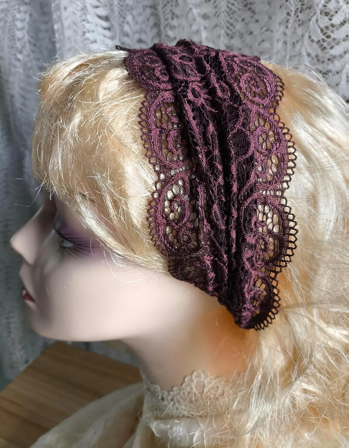 Women's Stretch Lace Headbands - Wide Turban Headbands for Yoga, Headwraps (Brown)