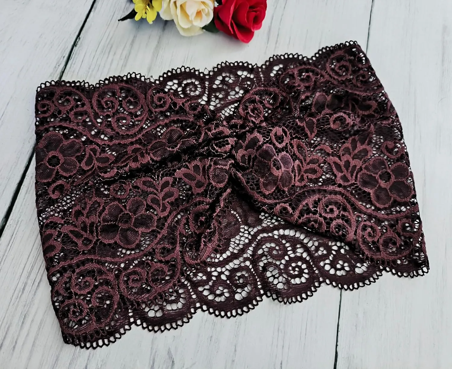 Women's Stretch Lace Headbands - Wide Turban Headbands for Yoga, Headwraps (Brown)