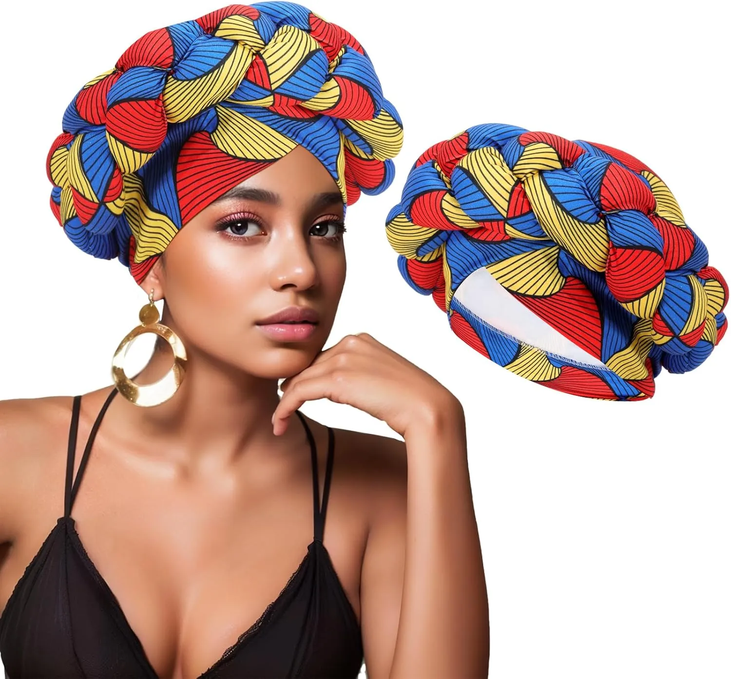 XEPST African Turban Head Wraps Big Braid Cross Turban Hat for Women, Printed Head Wrap Pre-Tied Stretchy Soft Headwear for Women Red